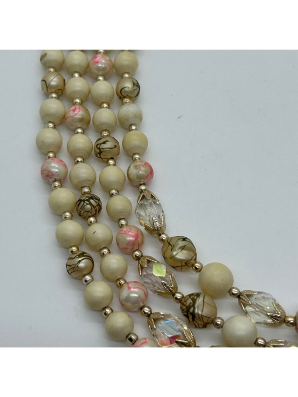 Vintage 4-Strand Japan Necklace Pink Swirl Beads Glass Acrylic Gold-Tone 1950s - Picture 12 of 16